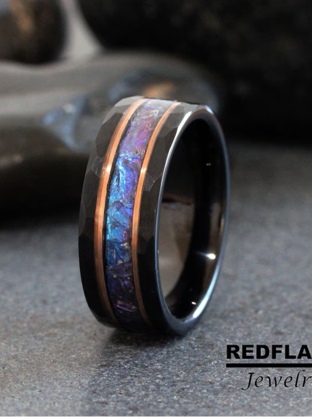Men’s Tungsten Alexandrite Ring With Rose Gold Trim Size 10